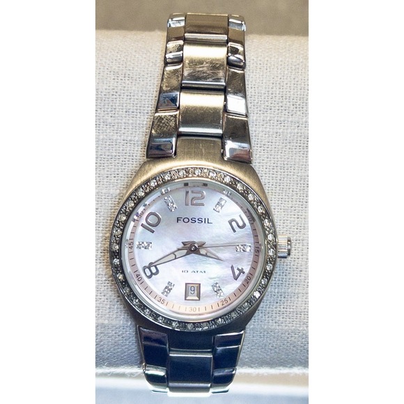 Fossil AM-4175 Pink MoP & Crystals Date Dial Stainless Steel‎ Womens 28mm Watch - Picture 4 of 14